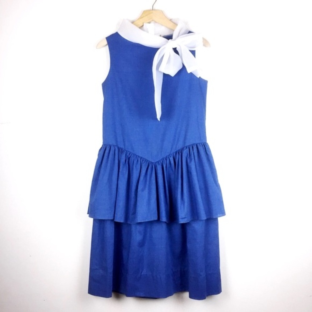 Vintage royal blue midi dress peplum classic high neck bow blue
